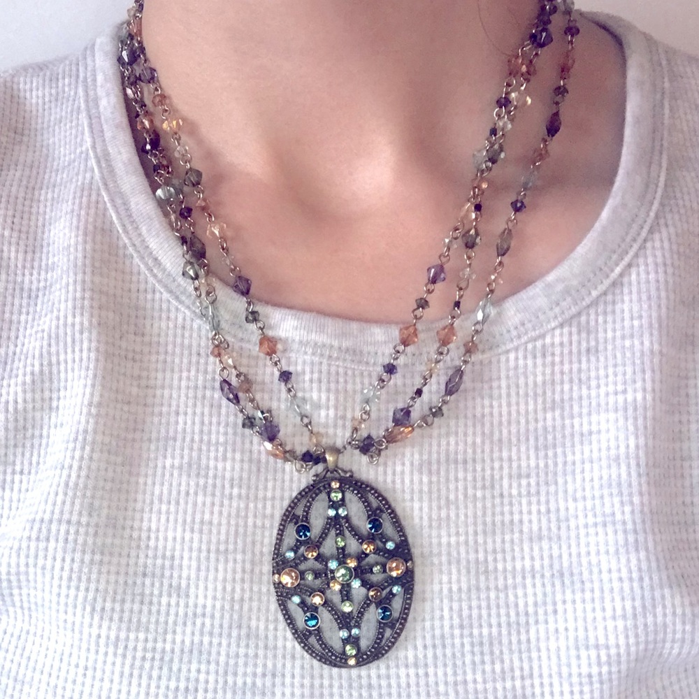 NEW • Vintage Brooch Style Pendant Necklace with Beaded Chain Trio 💎